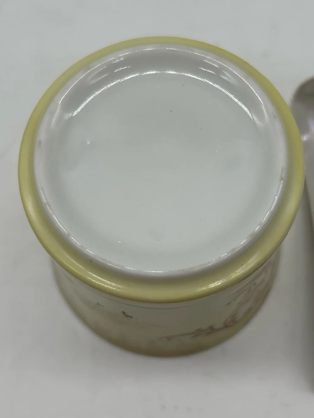 Vintage Ceramic Condiment Jar With Spoon Iridescent Pale Green